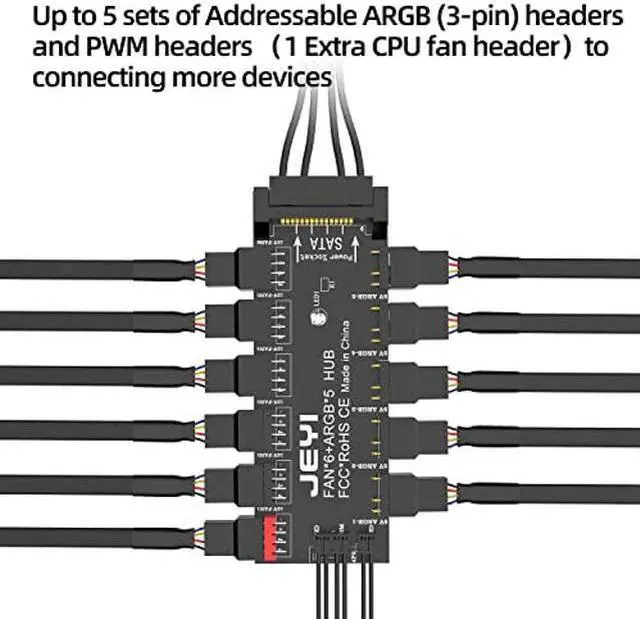 Alt view image 5 of 5 - JEYI ARGB PWM 5 Way Fan Hub, Addressable 12V 4Pin PWM & 5V 3Pin ARGB 2-in-1 Hub, RGB Fan, RGB Strip Splitter