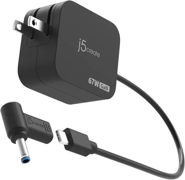 Main image of j5create 65W GaN PD USB-C Foldable Mini Charger with HP DC Converter, Suitable for MacBook Pro/Air M2/M1, Dell XPS, HP, iPad Pro, Steam Deck, Laptops, Galaxy S22/S21/S20 (JUP1565)