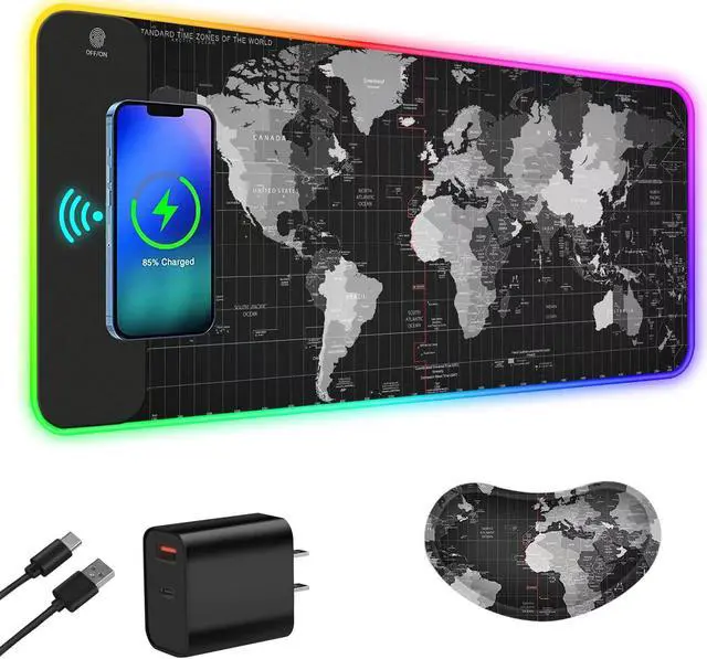 Main image of ToLuLu Wireless Charging RGB Gaming Mouse Pad, 15W LED Mouse Mat with 30W Charger, 14 Light Modes Large Mousepad with Wrist Support, Non-Slip Rubber Base Desk Mat Computer PC Keyboard Pad World Map