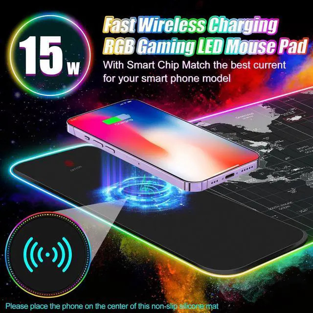 Alt view image 2 of 5 - ToLuLu Wireless Charging RGB Gaming Mouse Pad, 15W LED Mouse Mat with 30W Charger, 14 Light Modes Large Mousepad with Wrist Support, Non-Slip Rubber Base Desk Mat Computer PC Keyboard Pad World Map