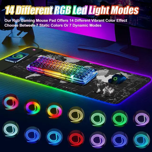 Alt view image 3 of 5 - ToLuLu Wireless Charging RGB Gaming Mouse Pad, 15W LED Mouse Mat with 30W Charger, 14 Light Modes Large Mousepad with Wrist Support, Non-Slip Rubber Base Desk Mat Computer PC Keyboard Pad World Map