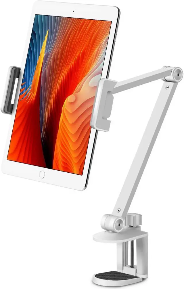Main image of Viozon Tablet Stand Holder Mount, Rotate 360 Degrees of Flexible, Height and Angle Adjustable, High-Grade Aluminium Alloy Long Arm Compatible with 4.5-13 Mobile Phone and Tablet, iPhone, iPad(White)