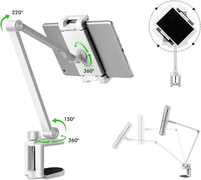 Alt view image 3 of 5 - Viozon Tablet Stand Holder Mount, Rotate 360 Degrees of Flexible, Height and Angle Adjustable, High-Grade Aluminium Alloy Long Arm Compatible with 4.5-13 Mobile Phone and Tablet, iPhone, iPad(White)