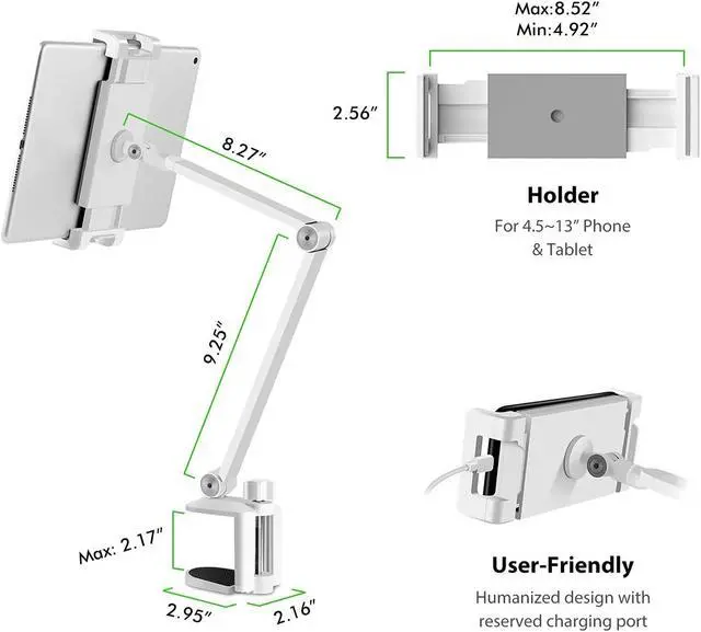 Alt view image 4 of 5 - Viozon Tablet Stand Holder Mount, Rotate 360 Degrees of Flexible, Height and Angle Adjustable, High-Grade Aluminium Alloy Long Arm Compatible with 4.5-13 Mobile Phone and Tablet, iPhone, iPad(White)