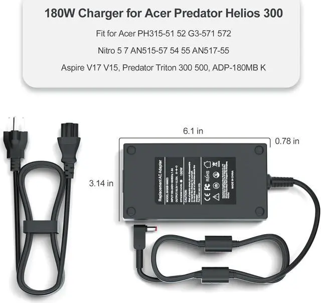 Alt view image 5 of 5 - 180W Charger for Acer Predator Helios 300 - Fit for Acer PH315-51 52 G3-571 572, Nitro 5 7 AN515-57 54 55 AN517-55,Aspire V17 V15, Predator Triton 300 500, ADP-180MB K Power Adapter Supply Cord