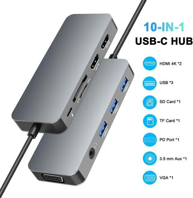Alt view image 2 of 5 - Docking Station Dual Monitor, USB C to Dual HDMI Adapter, Computer Docking Station for Laptop, Dual Monitor Adapter, 10 in 1 USB C Hub Multiport with HDMI/VGA/PD/USB/SD/TF/3.5mm Audio