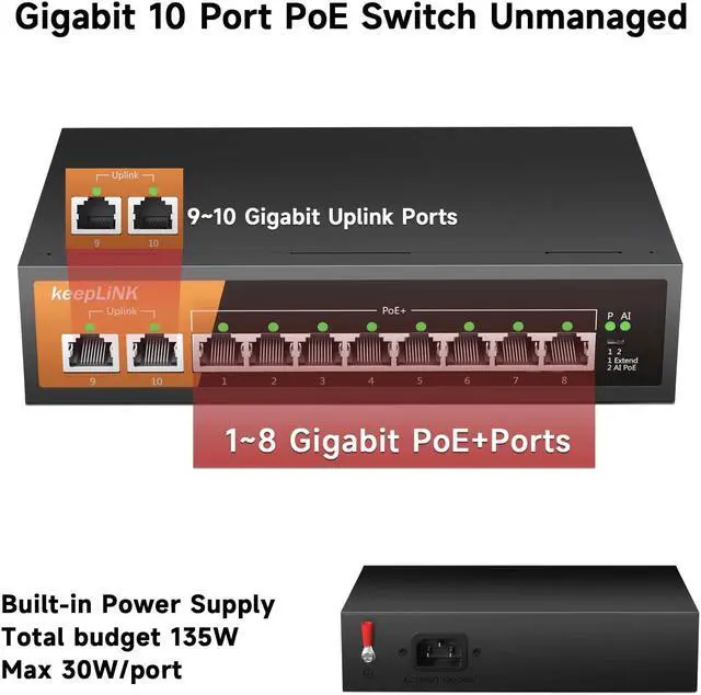 Alt view image 2 of 5 - keepLiNK 8 Port Gigabit PoE Switch with 2 Gigabit Uplink, 135W Built-in Power Supply, 802.3AF/at Compliant, Desktop or Wall Mount, Ethernet Network Switch Unmanaged