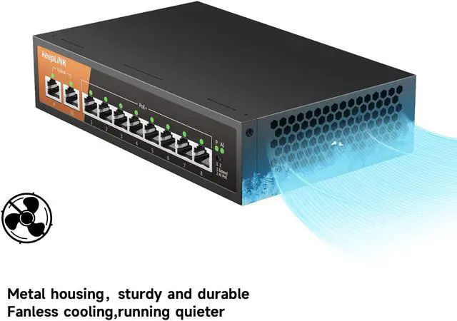 Alt view image 5 of 5 - keepLiNK 8 Port Gigabit PoE Switch with 2 Gigabit Uplink, 135W Built-in Power Supply, 802.3AF/at Compliant, Desktop or Wall Mount, Ethernet Network Switch Unmanaged