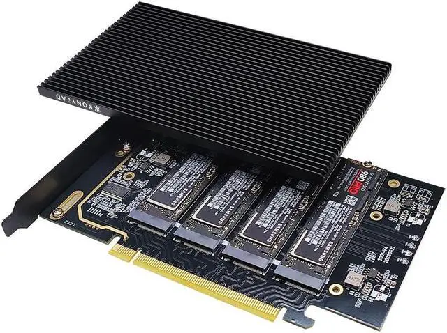 Main image of KONYEAD pcie4.0 x16 to m.2 m-Key nvme x 4 ssd Expansion Card with HeatsinkSupports 4 NVMe M.2 2280 up to 256GbpsM2 Adapter Card 2280 Driver Free. Bifurcation Required