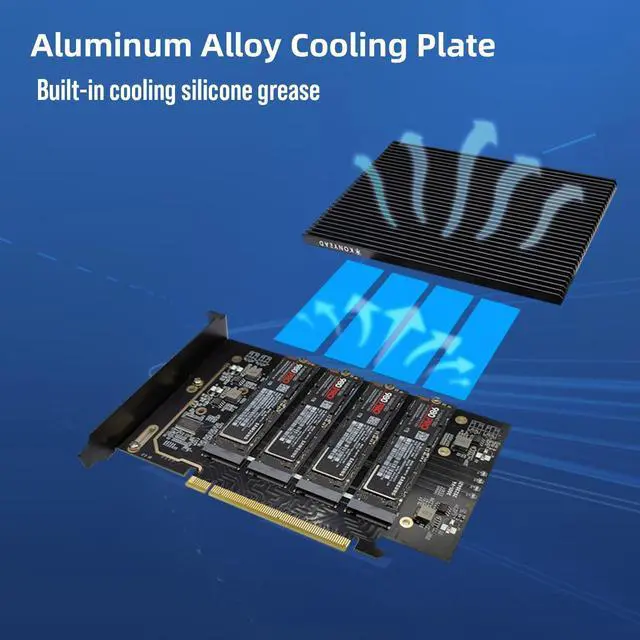 Alt view image 3 of 5 - KONYEAD pcie4.0 x16 to m.2 m-Key nvme x 4 ssd Expansion Card with HeatsinkSupports 4 NVMe M.2 2280 up to 256GbpsM2 Adapter Card 2280 Driver Free. Bifurcation Required