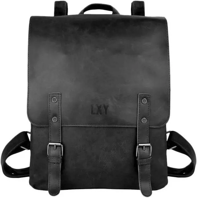 Main image of LXY Vegan Leather Backpack Vintage Laptop Bookbag for Women Men, Black Faux Leather Backpack Purse Bookbag Weekend Travel Daypack
