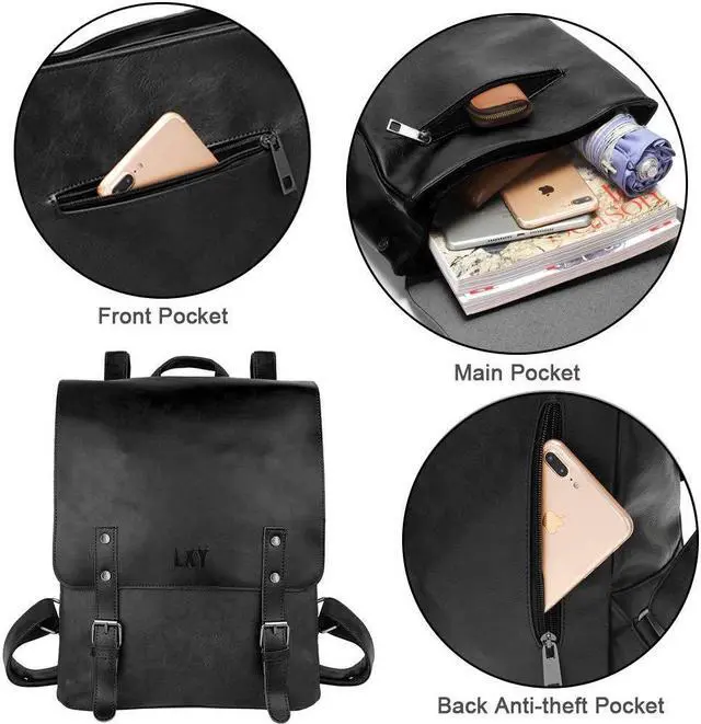 Alt view image 2 of 5 - LXY Vegan Leather Backpack Vintage Laptop Bookbag for Women Men, Black Faux Leather Backpack Purse Bookbag Weekend Travel Daypack