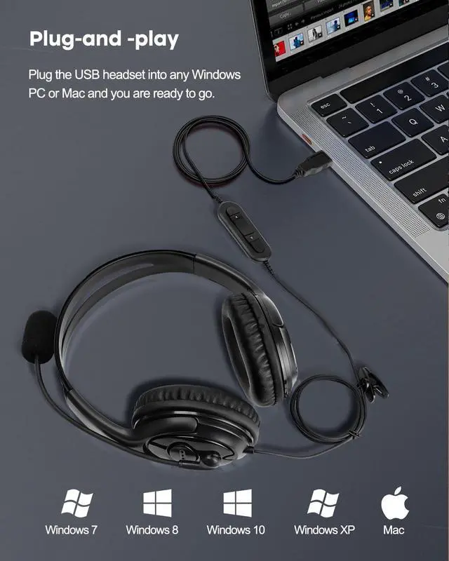 Alt view image 4 of 5 - MKJ USB Headset with Microphone for PC, Stereo Computer Headset with Noise Canceling Mic for Laptop MAC, Dual Ear Wired Headphone for Call Center, Home Offices, Skype, Zoom, Microsoft Teams, Webinar