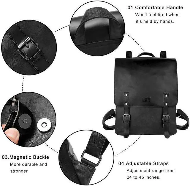 Alt view image 3 of 5 - LXY Vegan Leather Backpack Vintage Laptop Bookbag for Women Men, Black Faux Leather Backpack Purse Bookbag Weekend Travel Daypack