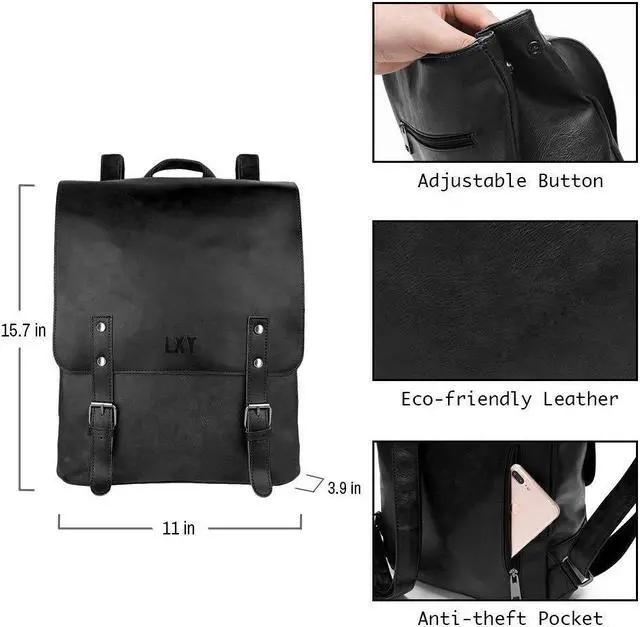 Alt view image 4 of 5 - LXY Vegan Leather Backpack Vintage Laptop Bookbag for Women Men, Black Faux Leather Backpack Purse Bookbag Weekend Travel Daypack