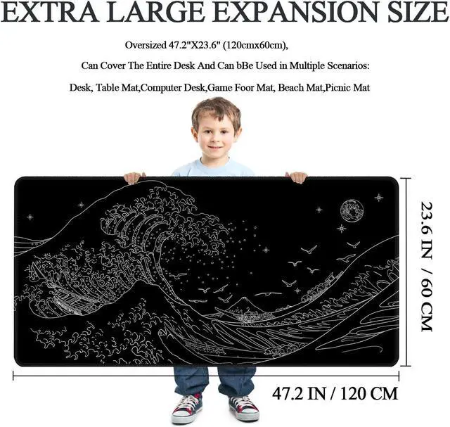 Alt view image 2 of 5 - MEWOOCUE® Large Gaming Mouse Pad for Computer,Black Japanese Sea Wave Anime Mouse Mat,Long XXL Waterproof Keyboard Pads,Big Non-Slip Mouse Pads for Game Office Home47.2 x 23.6 in