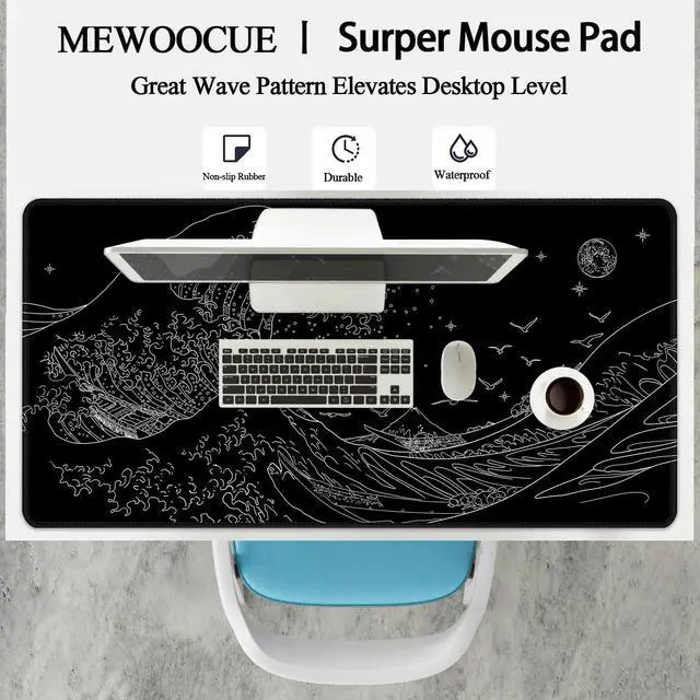 Alt view image 4 of 5 - MEWOOCUE® Large Gaming Mouse Pad for Computer,Black Japanese Sea Wave Anime Mouse Mat,Long XXL Waterproof Keyboard Pads,Big Non-Slip Mouse Pads for Game Office Home47.2 x 23.6 in
