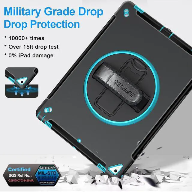 Alt view image 4 of 5 - SUPFIVES Case iPad Pro 12.9 2015/2017: iPad 12.9 Inch 1st/ 2nd Generation Case Upgraded Military Grade Shockproof Silicone Protector with Pencil Holder+ Handle+ Shoulder Strap+ Rotating Stand, Green