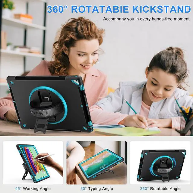 Alt view image 3 of 5 - SUPFIVES Case iPad Pro 12.9 2015/2017: iPad 12.9 Inch 1st/ 2nd Generation Case Upgraded Military Grade Shockproof Silicone Protector with Pencil Holder+ Handle+ Shoulder Strap+ Rotating Stand, Green