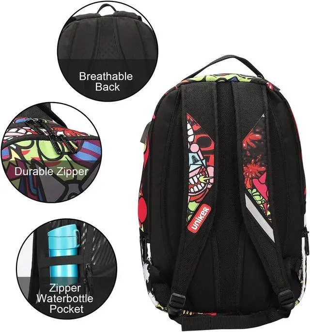 Alt view image 4 of 5 - UNIKER Graffiti School Backpack for Teen Boys, 15.6 Inch Laptop Backpack with USB Charging Port, College Backpack with Reflective Straps for Safety