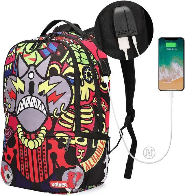 Alt view image 3 of 5 - UNIKER Graffiti School Backpack for Teen Boys, 15.6 Inch Laptop Backpack with USB Charging Port, College Backpack with Reflective Straps for Safety