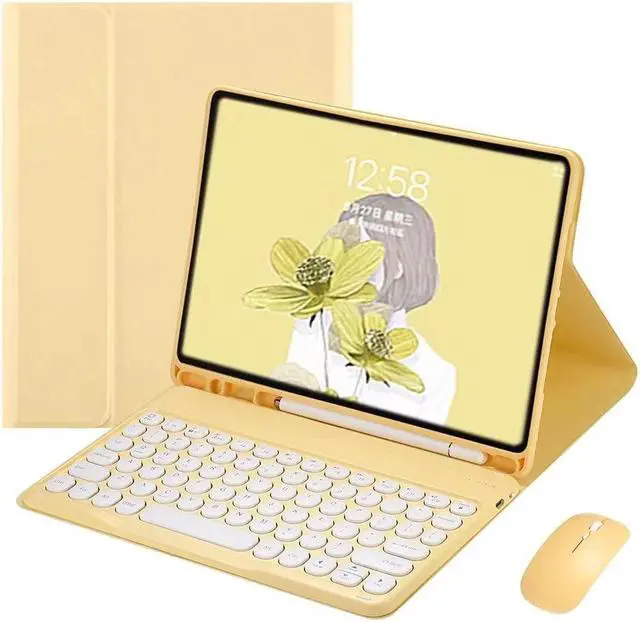 Main image of PboyiqiS Keyboard Case for iPad 6th/5th Generation, Case for 9.7 inch iPad6/iPad5/Air2/Pro9.7 Keyboard with Mouse, Cute Round Key Detachable Keyboard Case with Pencil Holder, Yellow