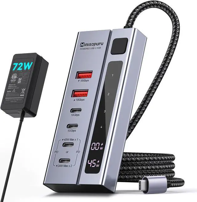 Main image of Minisopuru Powered USB C Hub  Support Max 45W Charging, 10Gbps Data Transfer, 6 IN1 USB C Hub with 72W Power Adapter, Compatible with Meta Quest Pro, Steam, iPad Pro, iPhone, Watch (Not for Monitor)