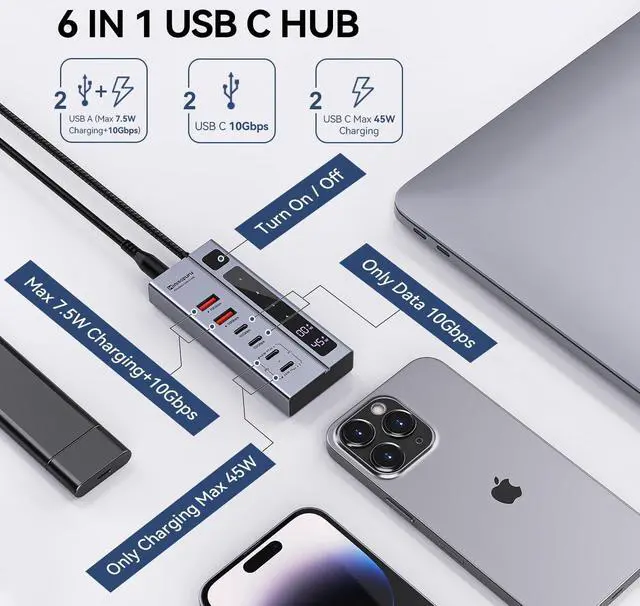 Alt view image 2 of 5 - Minisopuru Powered USB C Hub  Support Max 45W Charging, 10Gbps Data Transfer, 6 IN1 USB C Hub with 72W Power Adapter, Compatible with Meta Quest Pro, Steam, iPad Pro, iPhone, Watch (Not for Monitor)