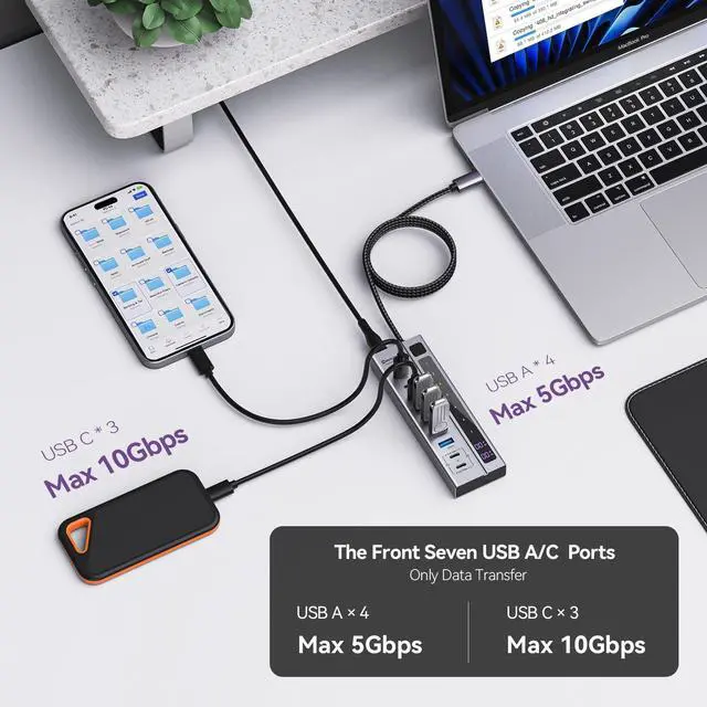 Alt view image 4 of 4 - Minisopuru Powered USB C Hub  Support Max 45W Charging with 72W Power Adapter, 10Gbps Data Transfer, USB-C Powered Hub for Laptop, MacBook,iPad (Not for Monitor)