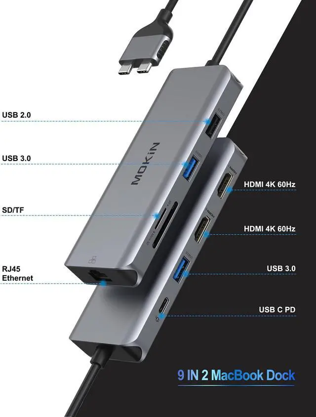 Alt view image 2 of 5 - MacBook Pro Docking Station Dual Monitor MacBook Pro HDMI Adapter,9 in 1 USB C Adapters for MacBook Pro Air Mac HDMI Dock Dongle Dual USB C to Dual HDMI Ethernet 3USB SD/TF100W PD