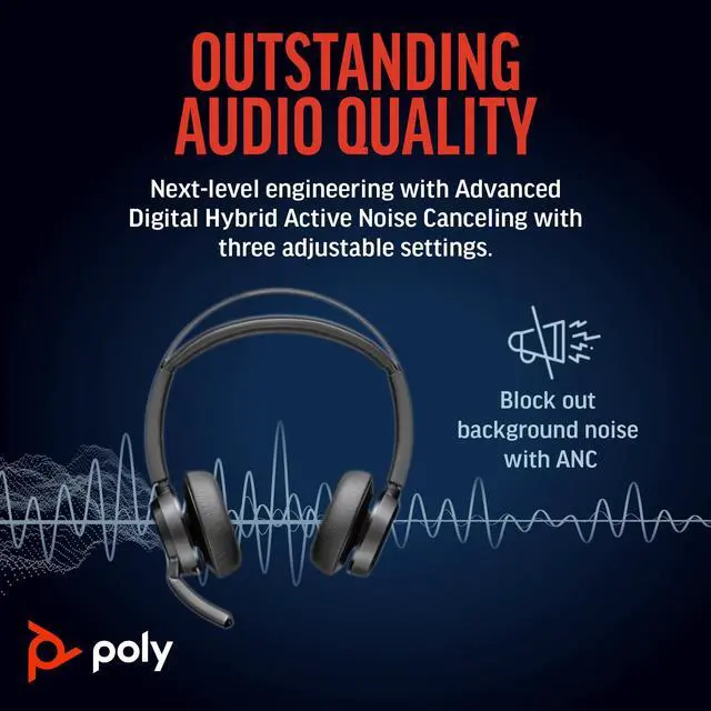 Alt view image 3 of 5 - Poly Voyager Focus 2 UC Wireless Headset with Microphone & Charge Stand (Plantronics) - Active Noise Canceling (ANC) - Connect PC/Mac/Mobile via Bluetooth -Works w/Teams, Zoom & More- Exclusive