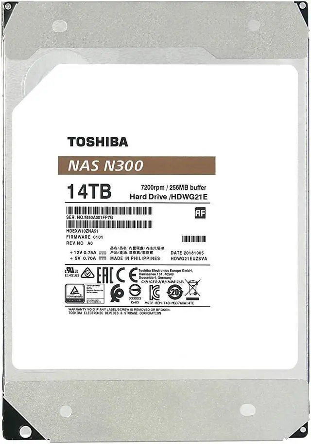 Alt view image 5 of 5 - Toshiba N300 14TB NAS 3.5-Inch Internal Hard Drive - CMR SATA 6 GB/s 7200 RPM 256 MB Cache - HDWG21EXZSTA