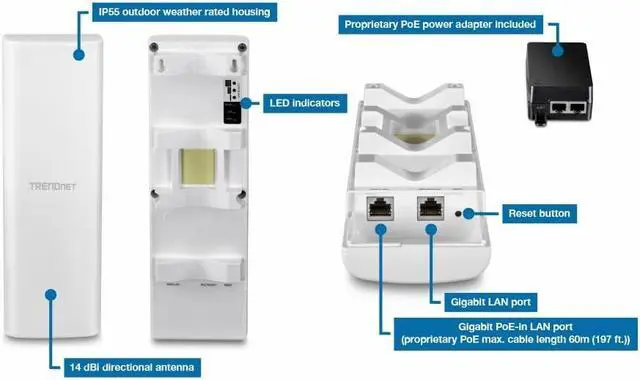 Alt view image 3 of 5 - TRENDnet 14 dBi WiFi 6 AX1200 Outdoor Directional PoE Access Point, TEW-940APBO, 5GHz WiFi 6 Point-to-Point Bridge, 1 x Gigabit PoE (in) Port, and 1 x Gigabit Port, 14 dBi Directional Antenna, White