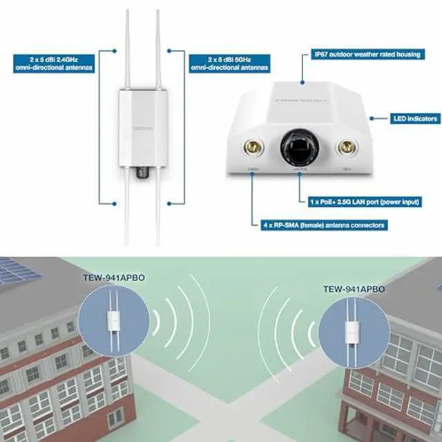 Alt view image 2 of 5 - TRENDnet 5 dBi WiFi 6 AX1800 Outdoor PoE+ Omni Directional Access Point, TEW-941APBO, Point-to-Point and Point-to-Multi-Point Bridge, IP67 Weather Rated Housing, PoE+ Powered, White