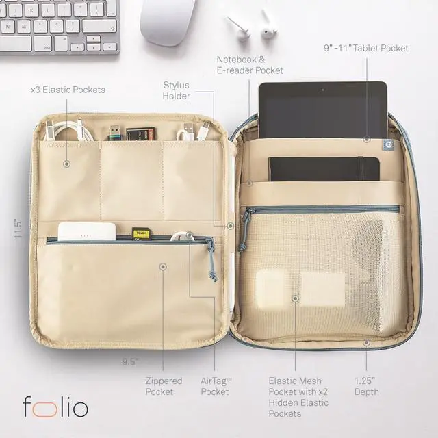 Alt view image 3 of 5 - Folio Tablet Pouch Family, Work Travel Cable Organizer and Tech Case for Electronic Essentials and Accessories, 11-Inch iPad Pro, with Label Identification, in Arctic Blue