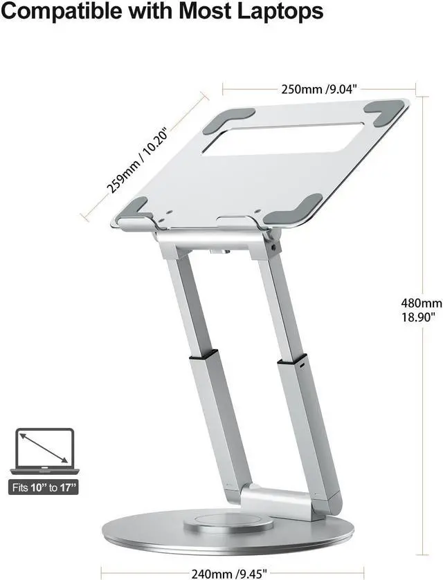 Alt view image 4 of 5 - tounee Telescopic Laptop Stand for Desk with 360° Swivel Base, Sit to Stand, Height Adjustable, Portable Riser Holder for Good Posture, Compatible with All Laptops 10-17"-Silver