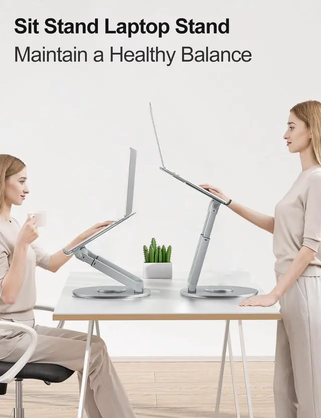 Alt view image 3 of 5 - tounee Telescopic Laptop Stand for Desk with 360° Swivel Base, Sit to Stand, Height Adjustable, Portable Riser Holder for Good Posture, Compatible with All Laptops 10-17"-Silver