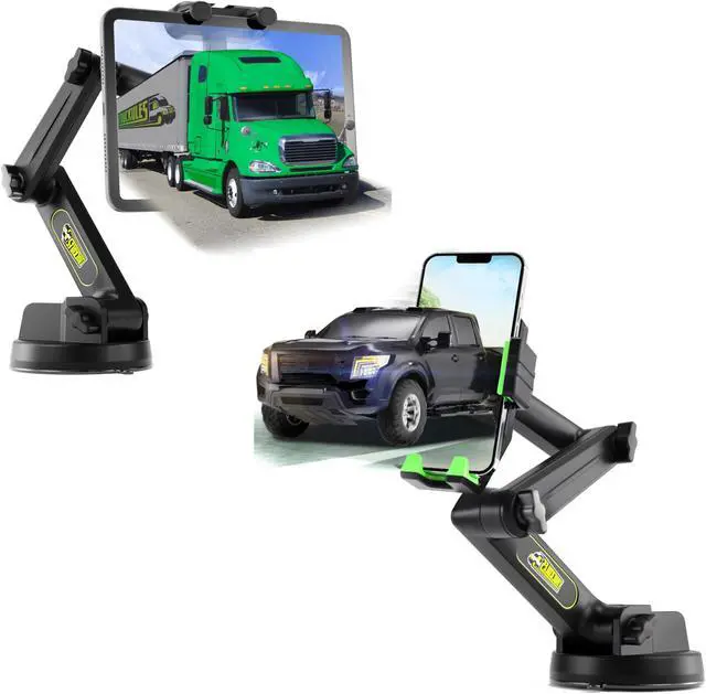 Main image of Semi Truck Tablet Mount + Green Pickup Truck Phone Mount, Heavy Duty Tablet & iPad Mount, Cell Phone Holder for Dashboard Windshield, Stable Suction Cup (1 tablet Mount + 1 phone Mount)