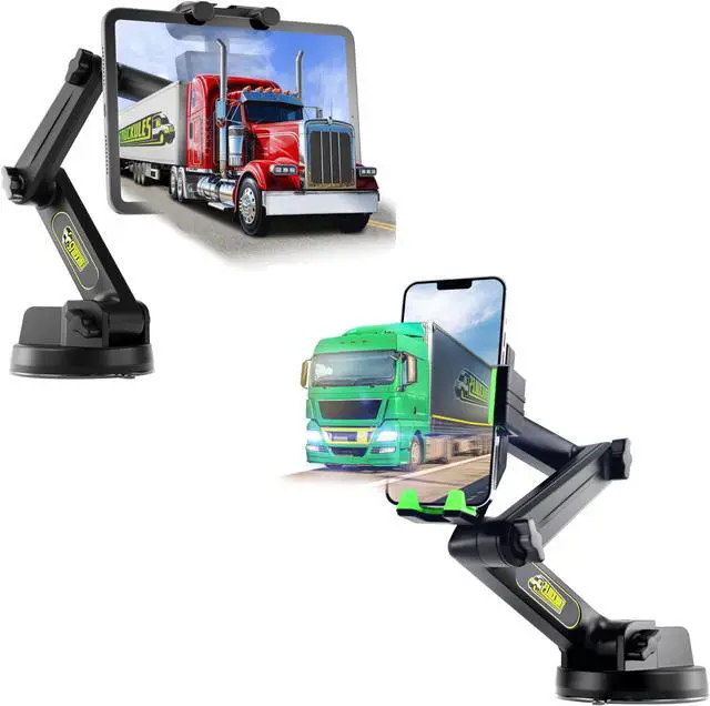 Main image of Big Rig Truck Tablet Mount & Green Commercial Truck Phone Mount, Heavy Duty Tablet & iPad Holder, Cell Phone Device Holder for Dashboard, Windshield and Window, Super Stable Suction Cup (1 TM & 1 PM)