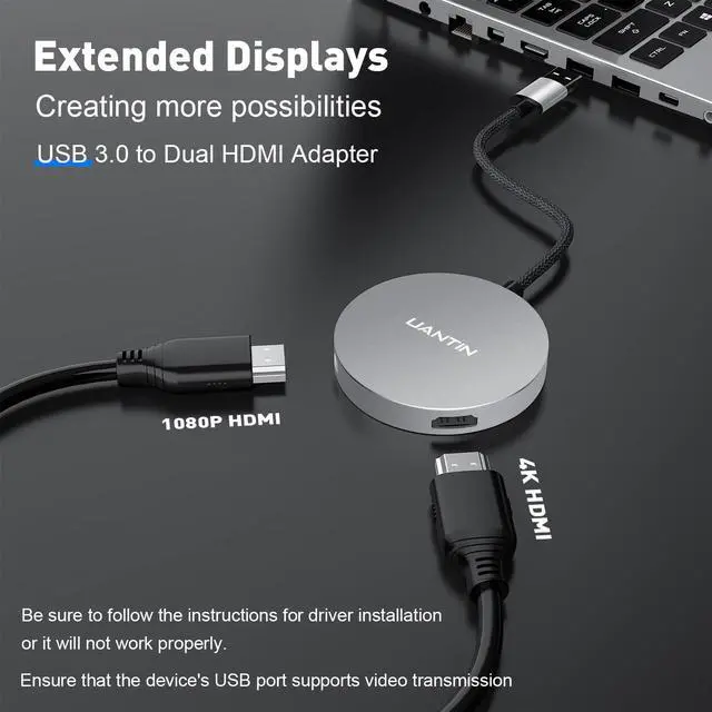 Alt view image 5 of 5 - UANTIN USB 3.0 to Dual HDMI Splitter for 2 Monitor Extended Display | 4K/1080P | External Graphics Card, USB-A to HDMI Adapter for Windows and Mac