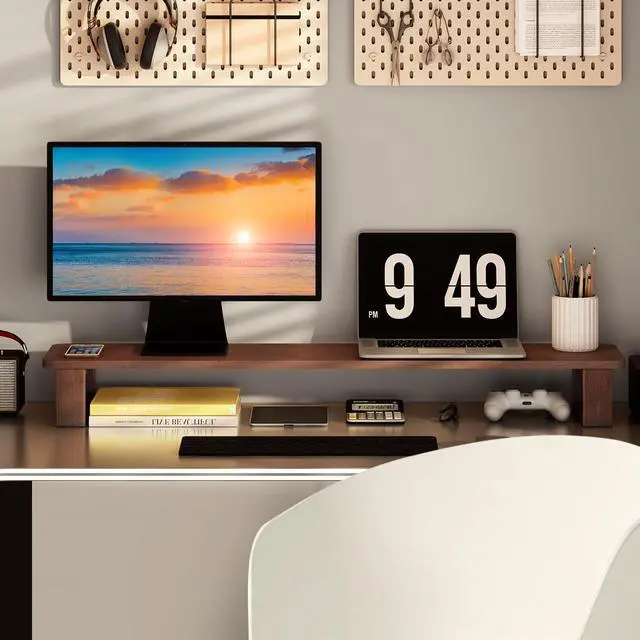 Alt view image 2 of 5 - Ufine Dual Monitor Stand Riser 2 Heights Adjustable Wood Computer Monitor Stand Desktop Organizer, Large Monitor Stand for 2 Monitors, Laptop, TV, Printer