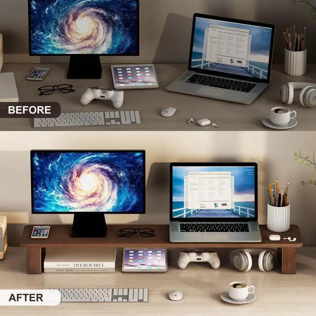 Alt view image 3 of 5 - Ufine Dual Monitor Stand Riser 2 Heights Adjustable Wood Computer Monitor Stand Desktop Organizer, Large Monitor Stand for 2 Monitors, Laptop, TV, Printer