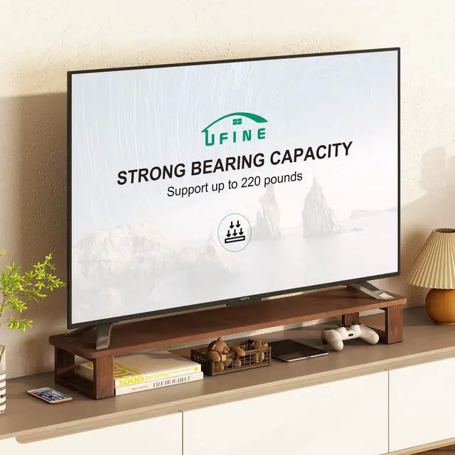 Alt view image 4 of 5 - Ufine Dual Monitor Stand Riser 2 Heights Adjustable Wood Computer Monitor Stand Desktop Organizer, Large Monitor Stand for 2 Monitors, Laptop, TV, Printer