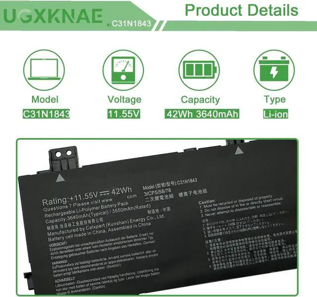 Alt view image 2 of 5 - UGXKNAE C31N1843 Laptop Battery Compatible with ASUS VivoBook S14 S432FA S432FL Vivobook X432FA X432FL X432FLC X532FL X532FLC X532FA S15 S532FA S532FL S432FA-EB008T S532FA-DH55 Series 11.55V 42Wh