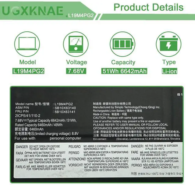 Alt view image 2 of 5 - UGXKNAE L19M4PG2 Laptop Battery for Lenovo ThinkPad C13 Yoga Gen 1 Chromebook Ideapad Flex 5 Chromebook-13ITL6CB Chromebook-13IML05 Chrome-14ITL6 Series L19L4PG2 L19D4PG2 SB10X63140 7.68V 51Wh