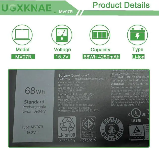 Alt view image 2 of 5 - UGXKNAE 68Wh MV07R Laptop Battery Compatible with Dell G3 15 3500 3590 3700 3790 G5 15 5500 5505 SE Series Notebook 72WGV 072WGV 0W5W19 W5W19 JJRRD 0JJRRD 266J9 M4GWP PN1VN