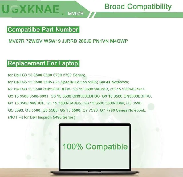 Alt view image 5 of 5 - UGXKNAE 68Wh MV07R Laptop Battery Compatible with Dell G3 15 3500 3590 3700 3790 G5 15 5500 5505 SE Series Notebook 72WGV 072WGV 0W5W19 W5W19 JJRRD 0JJRRD 266J9 M4GWP PN1VN