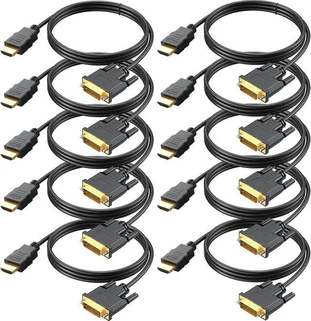Main image of HDMI to DVI Cable 10-Pack, 6.6 Ft Bidirectional DVI-D to HDMI Male to Male High Speed Adapter Cable Support 1080P Full HD (10, Black)