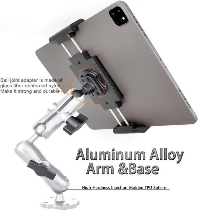 Alt view image 2 of 5 - VAUBORTTI Aluminum Heavy-Duty Dual Arm Tablet Mount with 4-Point 360° Rotation Drill Base - Fits 6.5"-12.9" Tablets (iPad, Galaxy Tab, Surface) - Versatile Mounting for Homes, Businesses, Vehicles