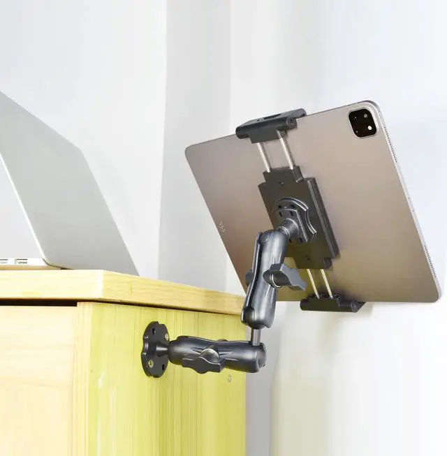 Alt view image 4 of 5 - VAUBORTTI Aluminum Heavy-Duty Dual Arm Tablet Mount with 4-Point 360° Rotation Drill Base - Fits 6.5"-12.9" Tablets (iPad, Galaxy Tab, Surface) - Versatile Mounting for Homes, Businesses, Vehicles